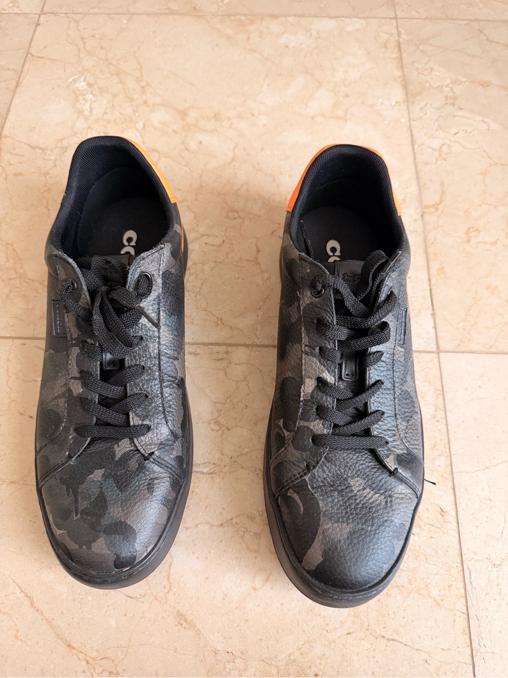 Coach Men's Black Camo Low-Top Sneakers with Orange Accent
